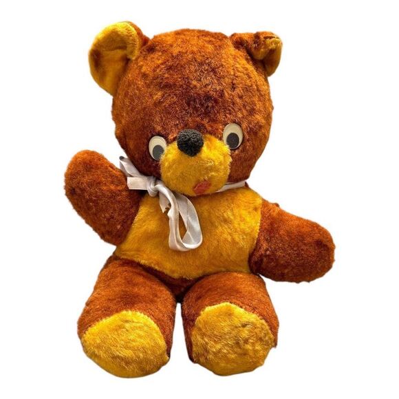 Vintage Unbranded Mohair Antique Brown & Yellow Plush Stuffed Bear Toy w/ Ribbon - Picture 1 of 7